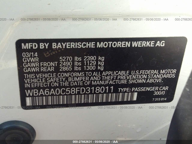2015 BMW 6 Series, VIN: WBA6A0C58FD318011