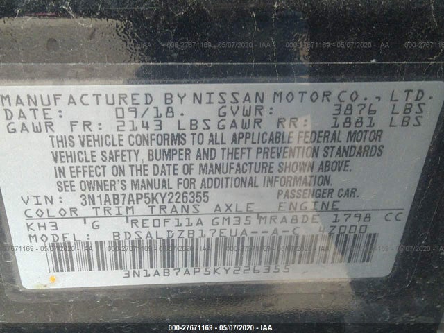 2019 NISSAN SENTRA SV VIN: 3N1AB7AP5KY226355