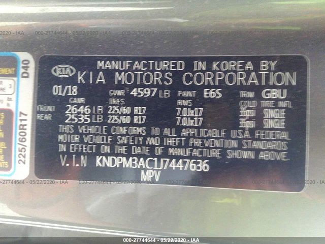 KNDPM3AC1J7447636 KIA Sportage Lx