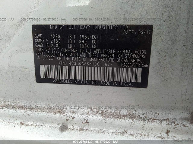 Aukcja sprzedaży 2017 Subaru Impreza 2.0i, vin: 4S3GKAA66H3611677, numer aukcji: 27766430