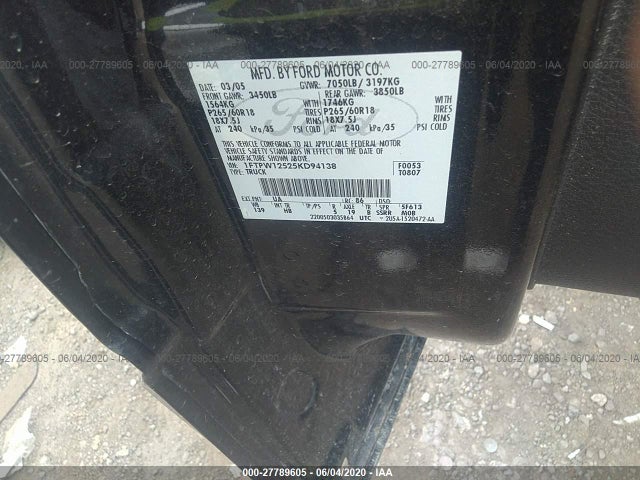 2005 FORD F-150 LARIAT VIN: 1FTPW12525KD94138