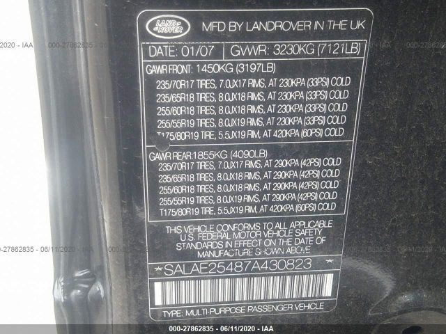 2007 LAND ROVER LR3 SALAE25487A430823 Photo 8