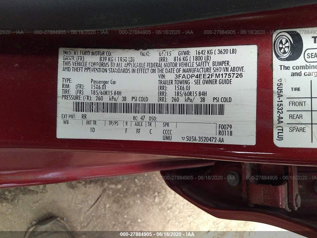 2015 FORD FIESTA SE VIN: 3FADP4EE2FM175726
