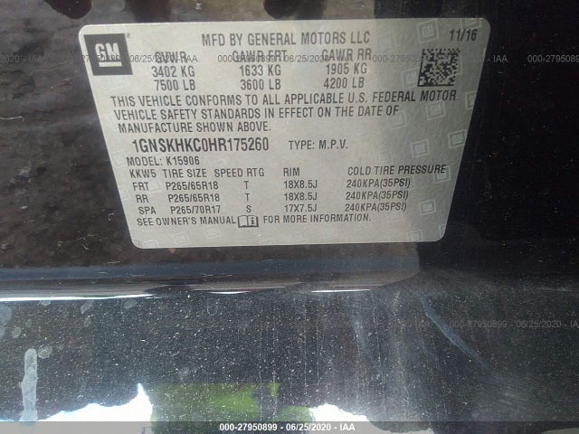 2017 Chevrolet Suburban, VIN: 1GNSKHKC0HR175260