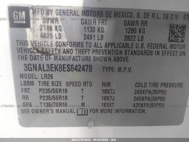 2014 Chevrolet Captiva Sport, VIN: 3GNAL3EK8ES642478