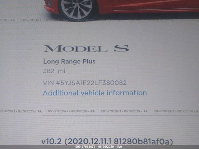 Auction sale of the 2020 TESLA MODEL S , vin: 5YJSA1E22LF380082, lot number: 27962671