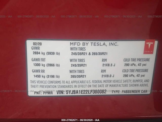 Auction sale of the 2020 TESLA MODEL S , vin: 5YJSA1E22LF380082, lot number: 27962671