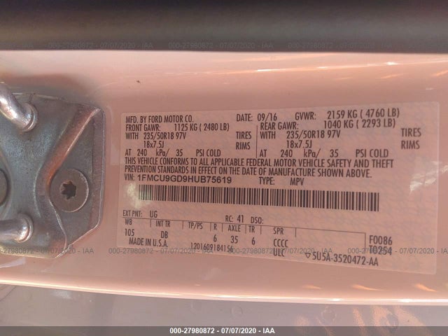 Ford ESCAPE SE 2017 1FMCU9GD9HUB75619 Image 9