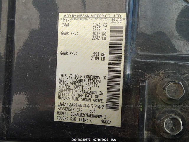 2010 NISSAN ALTIMA VIN: 1N4AL2AP1AN445747