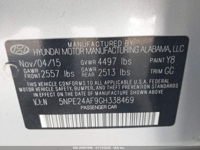 5NPE24AF9GH338469 Hyundai SONATA SE
