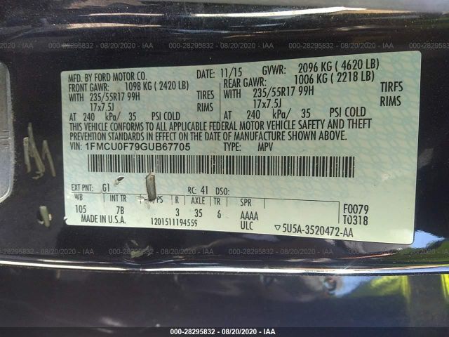 1FMCU0F79GUB67705 Ford ESCAPE S