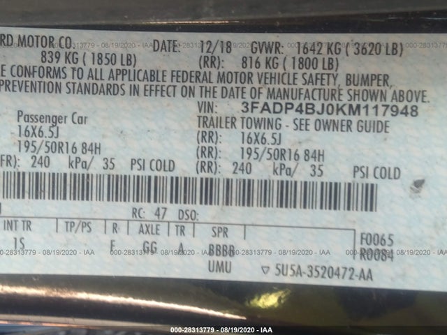 2019 FORD FIESTA SE VIN: 3FADP4BJ0KM117948