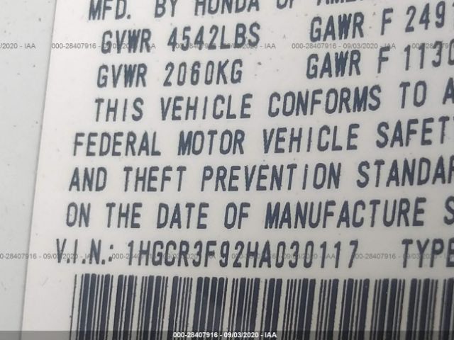 1HGCR3F92HA030117 Honda Accord Sedan Touring