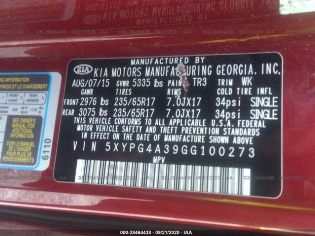 5XYPG4A39GG100273 KIA SORENTO LX