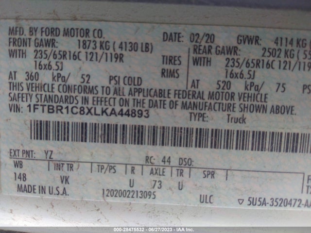 Ford TRANSIT CARGO VAN 2020 1FTBR1C8XLKA44893 Image 11