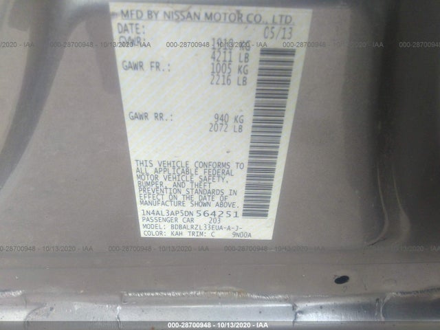 2013 NISSAN ALTIMA 2.5 S VIN: 1N4AL3AP5DN564251
