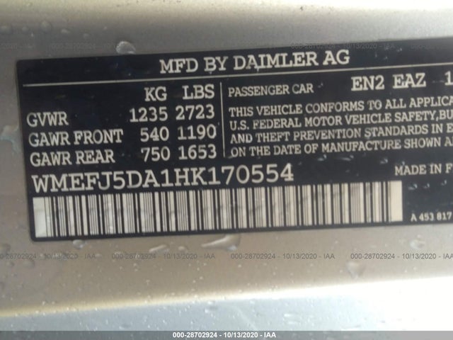 2017 Smart Fortwo, VIN: WMEFJ5DA1HK170554