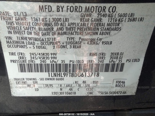 2013 LINCOLN MKS VIN: 1LNHL9FT8DG613718