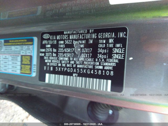5XYPGDA55KG458108 KIA Sorento Lx V6