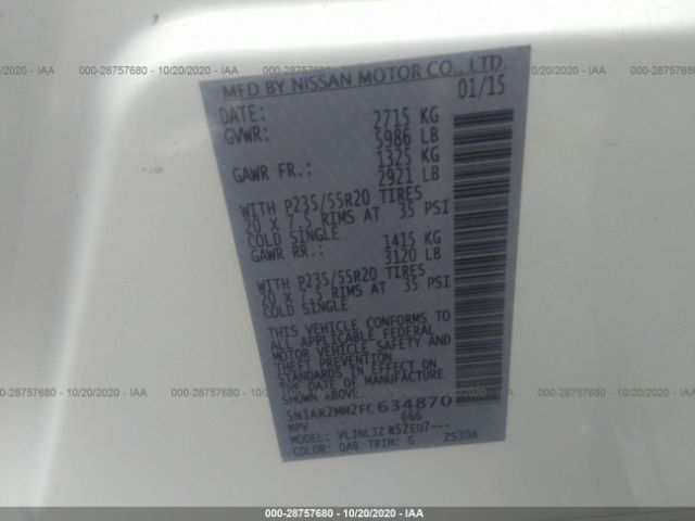 5N1AR2MM2FC634870 Nissan Pathfinder Platinum