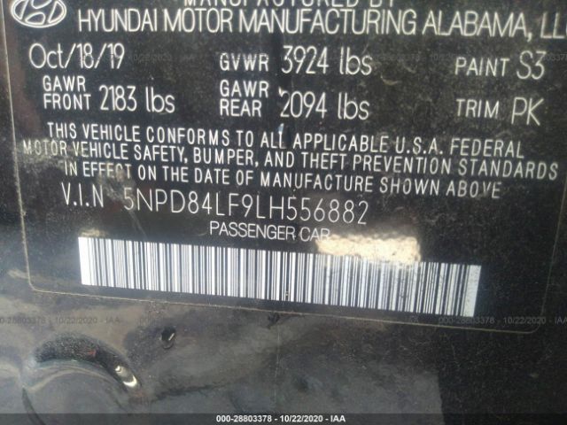 Auction sale of the 2020 HYUNDAI ELANTRA , vin: 5NPD84LF9LH556882, lot number: 28803378