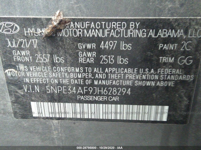 2018 HYUNDAI SONATA SEL VIN: 5NPE34AF9JH628294