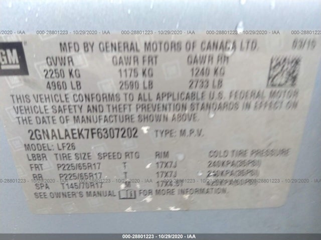 Aukcja sprzedaży 2015 Chevrolet Equinox Ls, vin: 2GNALAEK7F6307202, numer aukcji: 28801223
