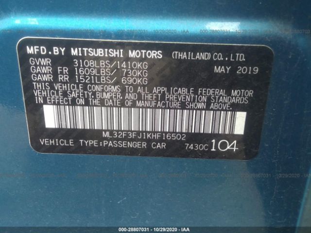 2019 MITSUBISHI MIRAGE G4 ML32F3FJ1KHF16502 Photo 8