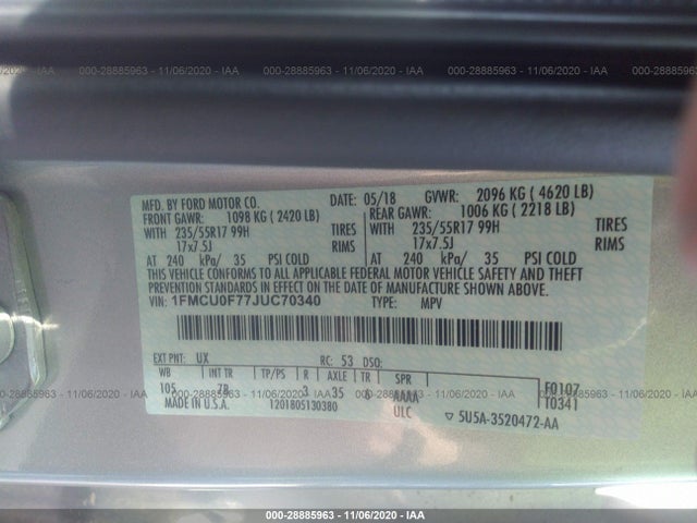 Ford ESCAPE S 2018 1FMCU0F77JUC70340 Image 9
