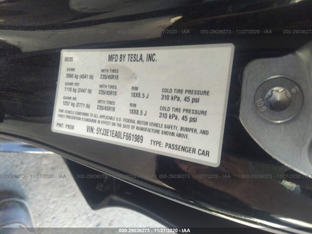 Auction sale of the 2020 TESLA MODEL 3 , vin: 5YJ3E1EA0LF661989, lot number: 29036273