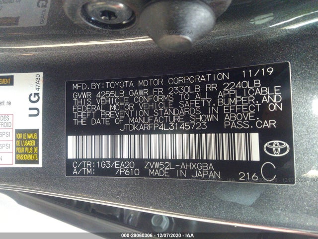 2020 Toyota Prius, VIN: JTDKARFP4L3145723