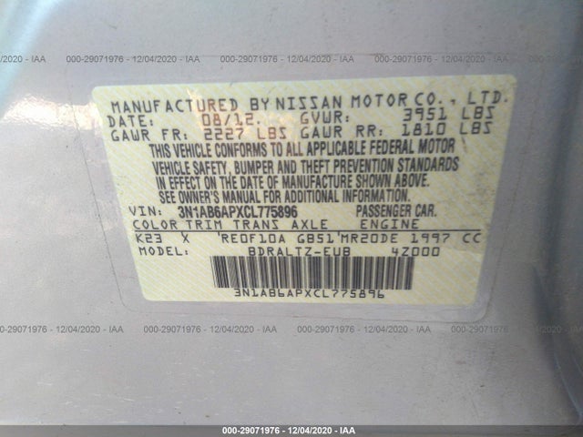 2012 NISSAN SENTRA VIN: 3N1AB6APXCL775896