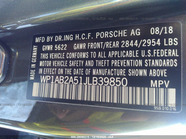 Auction sale of the 2018 PORSCHE MACAN , vin: WP1AB2A51JLB39850, lot number: 29090215