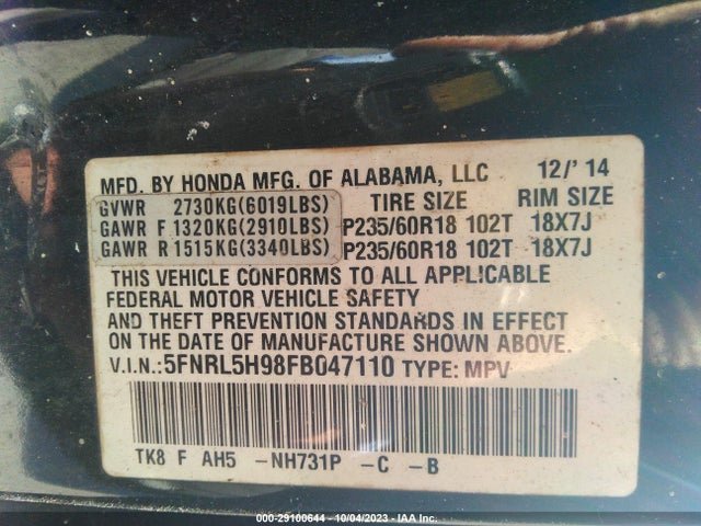 Honda Odyssey Touring 2015 5FNRL5H98FB047110 Image 9