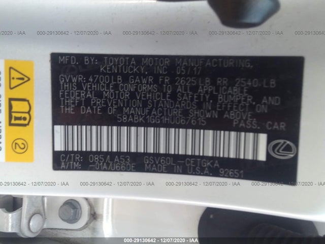 Auction sale of the 2017 LEXUS ES , vin: 58ABK1GG1HU067615, lot number: 29130642