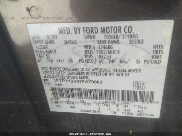 Auction sale of the 2007 FORD F 150 , vin: 1FTPX12V47FA70083, lot number: 29165519