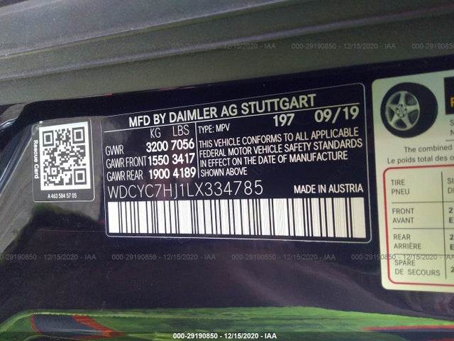 2020 Mercedes-Benz G-Class, VIN: WDCYC7HJ1LX334785