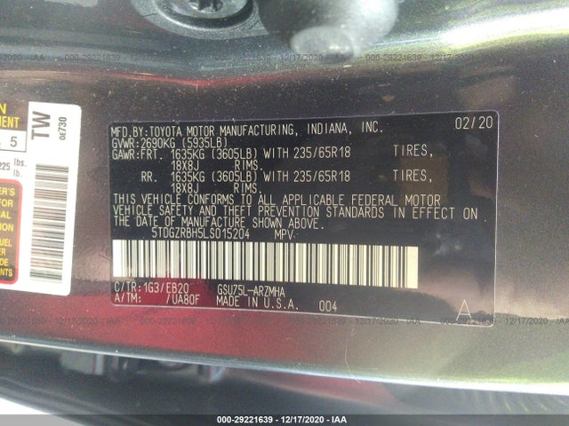 2020 TOYOTA HIGHLANDER VIN: 5TDGZRBH5LS015204
