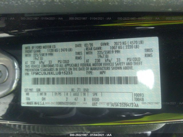 1FMCU9J9XLUB15233 2020 FORD ESCAPE, photo no. 9