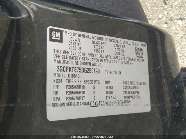 2013 CHEVROLET SILVERADO 1500 LTZ VIN: 3GCPKTE75DG250190