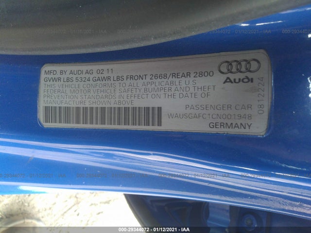 2012 AUDI A7 VIN: WAUSGAFC1CN001948