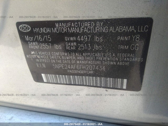 2015 HYUNDAI SONATA 2.4L SE VIN: 5NPE24AF6FH207434