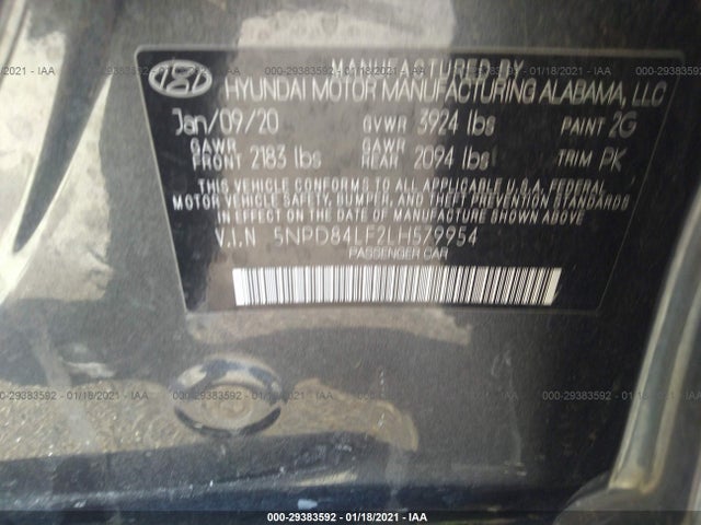2020 HYUNDAI ELANTRA SEL VIN: 5NPD84LF2LH579954