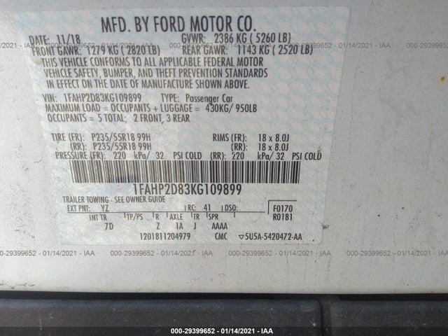 2019 Ford Taurus, VIN: 1FAHP2D83KG109899