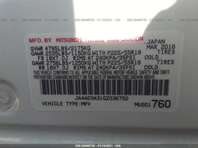 Продажа на аукционе авто 2016 Mitsubishi Outlander Se/sel, vin: JA4AD3A31GZ036752, номер лота: 29408730