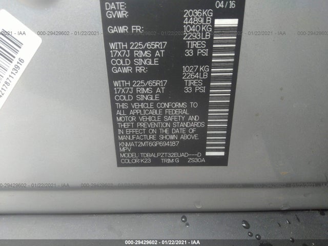 29429602 :رقم المزاد ، KNMAT2MT6GP694187 vin ، 2016 Nissan Rogue Sv/sl/s مزاد بيع