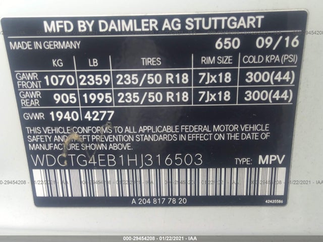 2017 Mercedes-Benz GLA-Class, VIN: WDCTG4EB1HJ316503