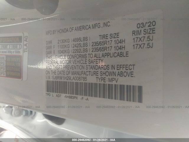 2020 HONDA CR-V LX VIN: 5J6RW1H29LA008785