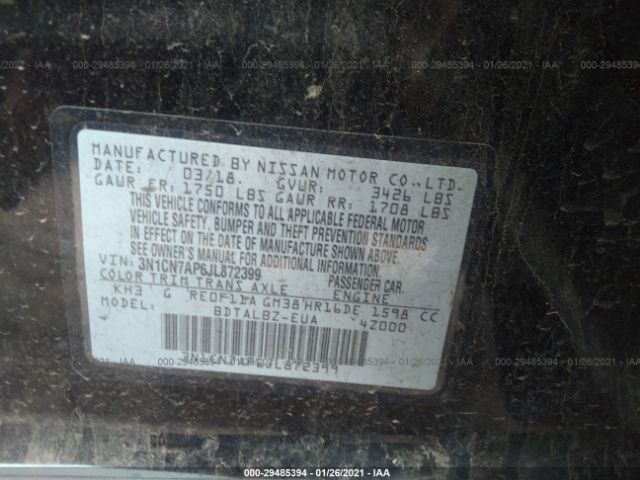 3N1CN7AP6JL872399 Nissan Versa Sedan Sv