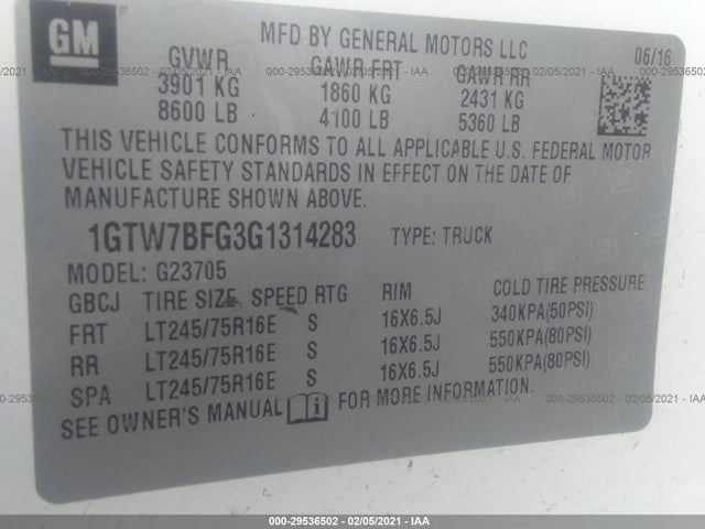 2016 GMC Savana, VIN: 1GTW7BFG3G1314283
